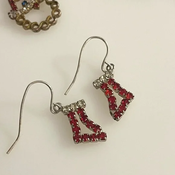 Holiday Christmas Vintage Santa Clause Stocking Gem Rhinestone Earrings - Picture 2 of 16